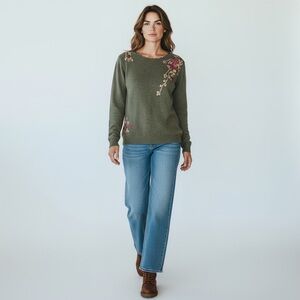 Tulchan Wool Olive Green Knitted Pink Florals with Petal Trim Neckline Large